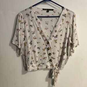 Gypsies & Moondust Wraparound White Blouse with Flower prints, Size Large